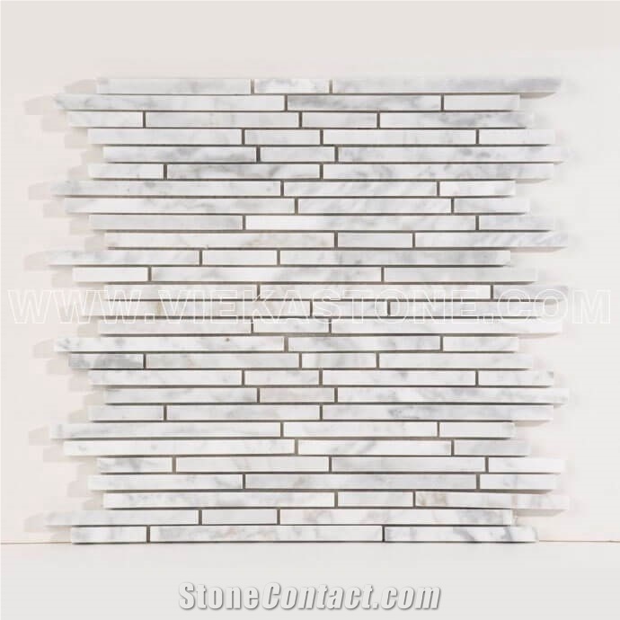 Bianco Carrara White Marble Mosaic Tile Thin Strips Brick Polished for Interiro Kitchen, Bathroom, Backsplash Wall Floor Covering