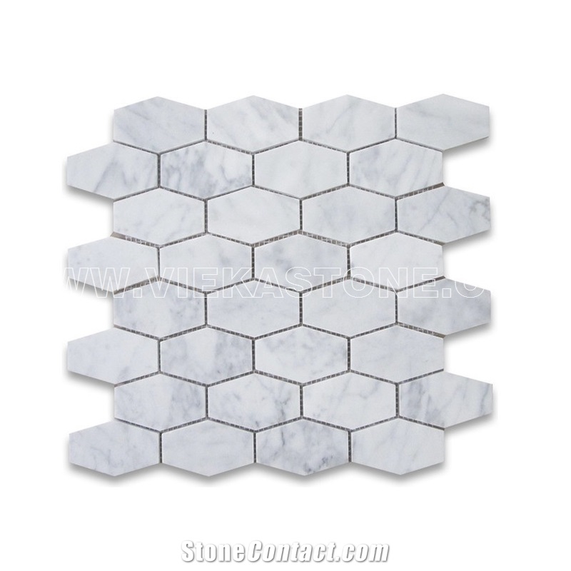Bianco Carrara White Marble Mosaictile Elongated Hexagon Polished 2 Sheet 12‘’X12 for Interiro Kitchen, Bathroom, Backsplash Wall Floor Covering