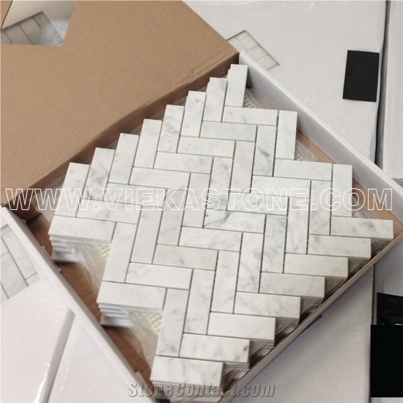 Bianco Carrara White Marble Mosaictile Herringbone Pattern Chips 1x3" for Kitchen, Bathroom, Backsplash Wall and Floor Covering Sheet 12"X12"