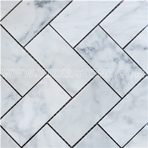 Bianco Carrara White Marble Mosaictile Herringbone Pattern Chips 1x4" Sheet 12"X12" for Kitchen, Bathroom, Backsplash Wall and Floor Covering