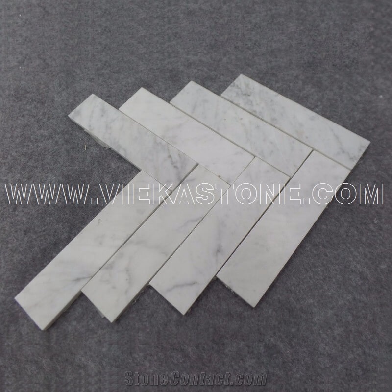 Bianco Carrara White Marble Mosaictile Herringbone Pattern Chips 1x4 Sheet 12‘’X12 for Kitchen, Bathroom, Backsplash Wall and Floor Covering