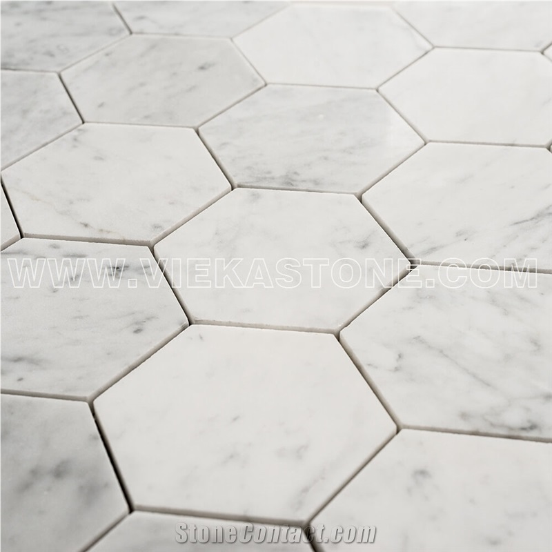 Bianco Carrara White Marble Mosaictile Hexagon Pattern Chips 110 mm Sheet 12‘’X12 for Interiro Kitchen, Bathroom, Backsplash Wall Floor Covering