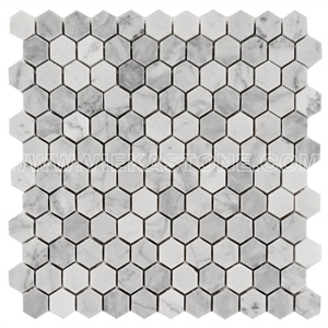 Bianco Carrara White Marble Mosaictile Hexagon Pattern Chips Chips 1‘’Sheet 12‘’X12 for Interiro Kitchen, Bathroom, Backsplash Wall Floor Covering