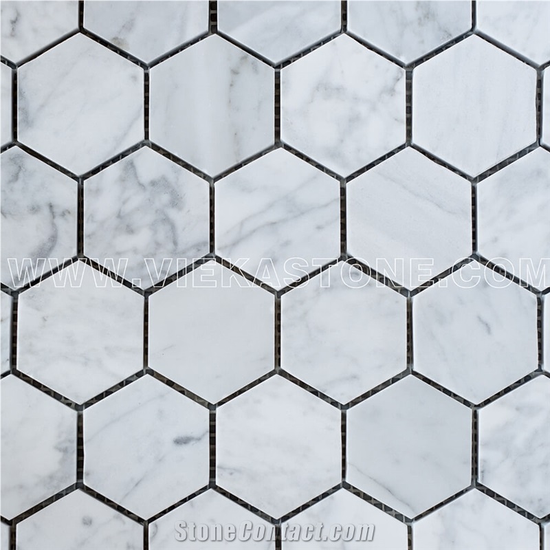 Bianco Carrara White Marble Mosaictile Hexagon Pattern Chips Chips 2‘’Sheet 12‘’X12 for Interiro Kitchen, Bathroom, Backsplash Wall Floor Covering