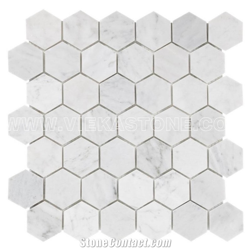 Bianco Carrara White Marble Mosaictile Hexagon Pattern Chips Chips 50mm Sheet 12‘’X12 for Interiro Kitchen, Bathroom, Backsplash Wall Floor Covering