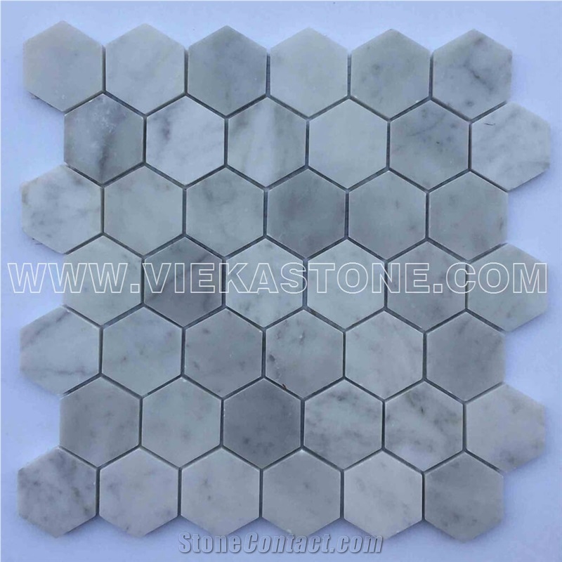 Bianco Carrara White Marble Mosaictile Hexagon Pattern Chips Chips 50mm Sheet 12‘’X12 for Interiro Kitchen, Bathroom, Backsplash Wall Floor Covering