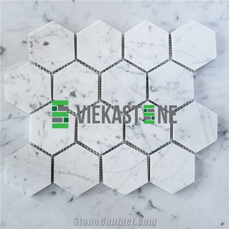 Bianco Carrara White Marble Mosaictile Hexagon Pattern Chips Chips 75m Sheet 12‘’X12 for Interiro Kitchen, Bathroom, Backsplash Wall Floor Covering