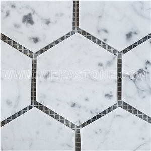 Bianco Carrara White Marble Mosaictile Hexagon Pattern Chips Chips 75m Sheet 12‘’X12 for Interiro Kitchen, Bathroom, Backsplash Wall Floor Covering