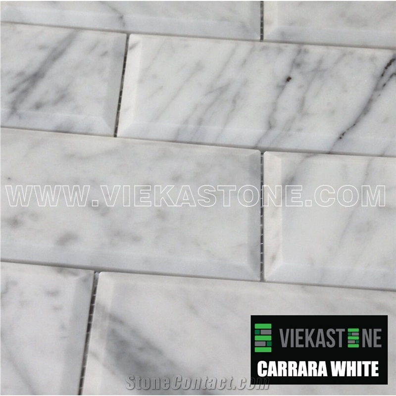 Bianco Carrara White Marble Mosaictile Pillow Subway Brick Bevel Polished Sheet 12‘’X12 for Interiro Kitchen, Bathroom, Backsplash Wall Floor Covering