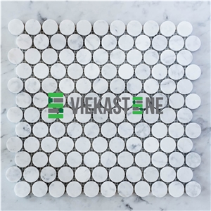Bianco Carrara White Marble Penny Round Mosaic Tile Polished for Kitchen, Bathroom, Backsplash Wall Floor Covering Interior Decor