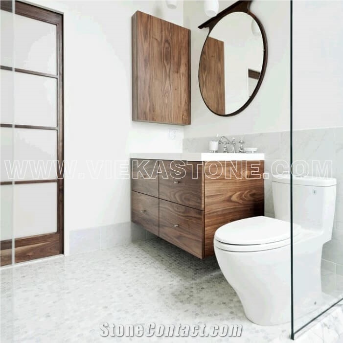 Bianco Carrara White Marble Penny Round, White Marble Penny Tile Bathroom Floor