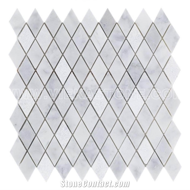 Bianco Carrara White Marble Rhombus Diamond Mosaic Tile Polished for Interior Kitchen, Bathroom, Backsplash Wall Floor Covering Decor