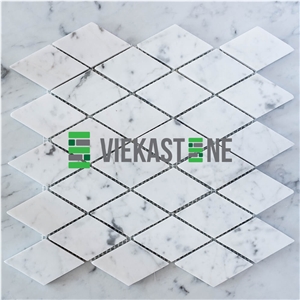Bianco Carrara White Marble Rhombus Diamond Mosaic Tile Polished for Interior Kitchen, Bathroom, Backsplash Wall Floor Covering Decor