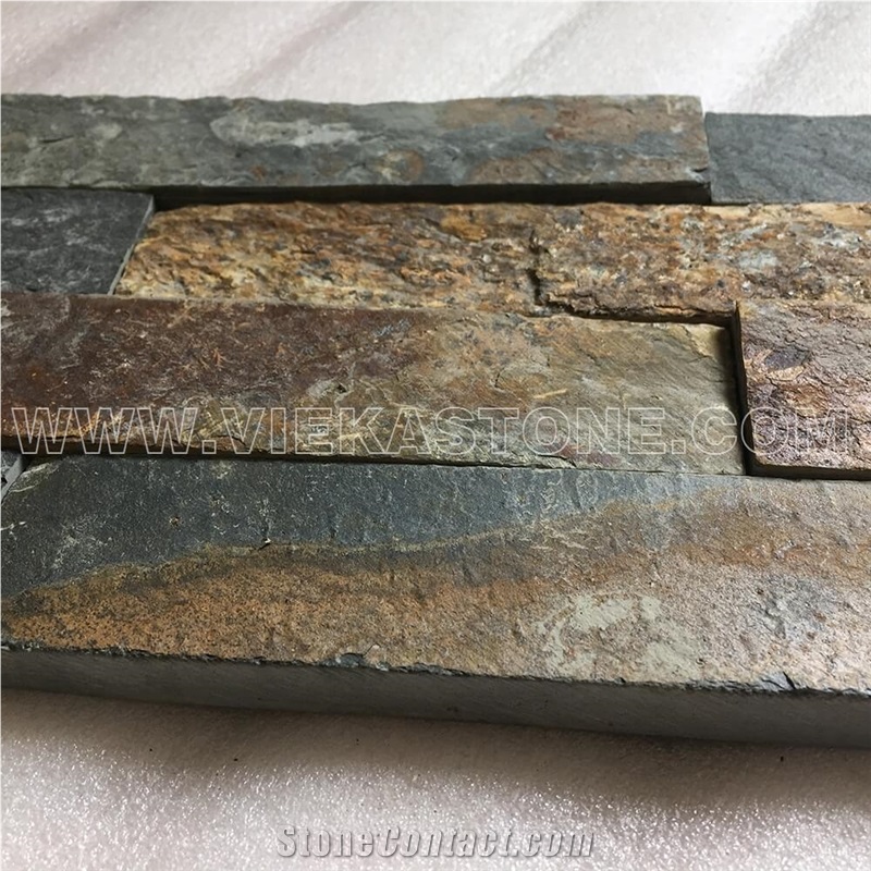 China Jiangxi Rusty Slate 4 Strips Multicolor Stacked Culture Stone,Wall Cladding Panel, Ledgestone Split Face Mosaic Tile Decor 60x15cm