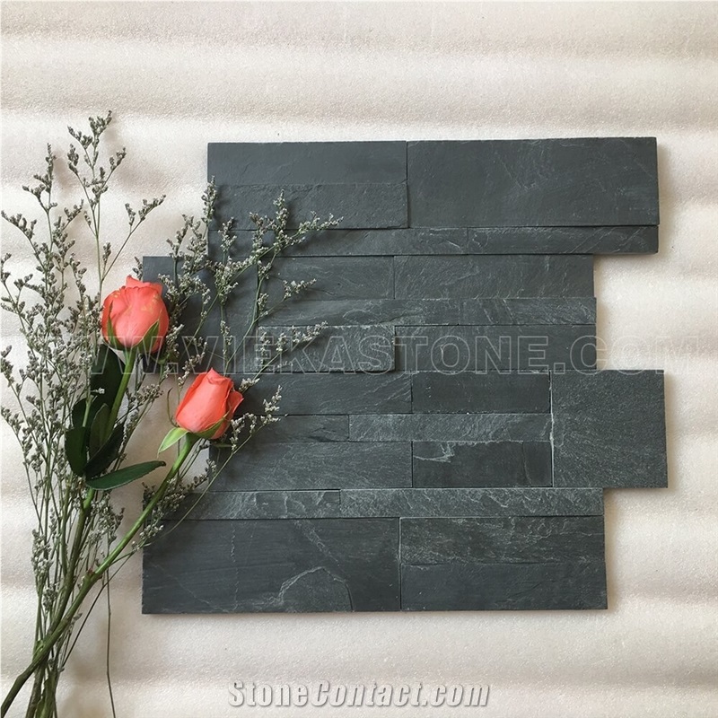 China Manufacturer Black Slate Charcoal Natural Culture Stone Stacked Ledger Tile Wall Cladding Panel 35x18cm Split Face Mosaic Rock Landscaping