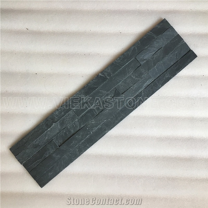 China Manufacturer Black Slate Charcoal Natural Culture Stone Stacked Ledger Tile Wall Cladding Panel Split Face Mosaic Rock 60x15cm Rectangle Veneer