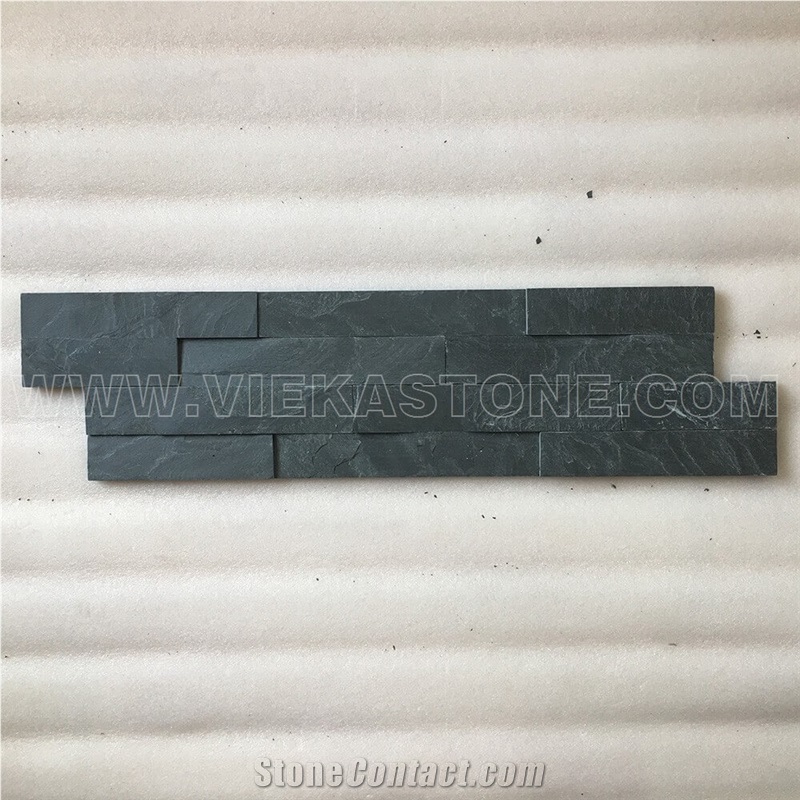 China Manufacturer Black Slate Charcoal Natural Culture Stone Stacked Ledger Tile Wall Cladding Panel Split Face Mosaic Rock 60x15cm Z-Shape Veneer