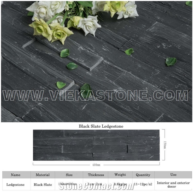 China Manufacturer Black Slate Ledgestone Natural Culture Stone Stacked Ledger Tile Wall Cladding Panel 60x15cm Split Face Mosaic Rock Landscaping