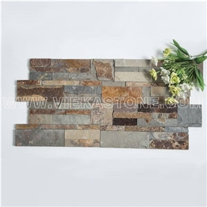 China Manufacturer Rusty Multicolor Slate Natural Culture Stone Stacked Ledger Tile Wall Cladding Panel 35x18cm Split Face Mosaic Rock Landscaping