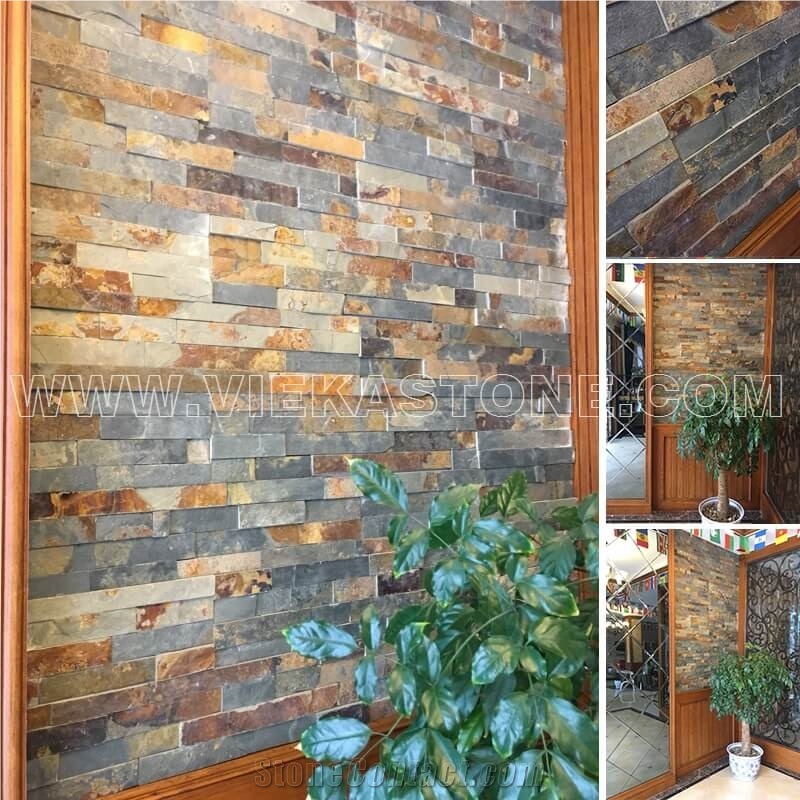 China Manufacturer Rusty Slate Ledgestone Natural Culture Stone Stacked Ledger Tile Wall Cladding Panel 60x15cm Split Face Mosaic Rock