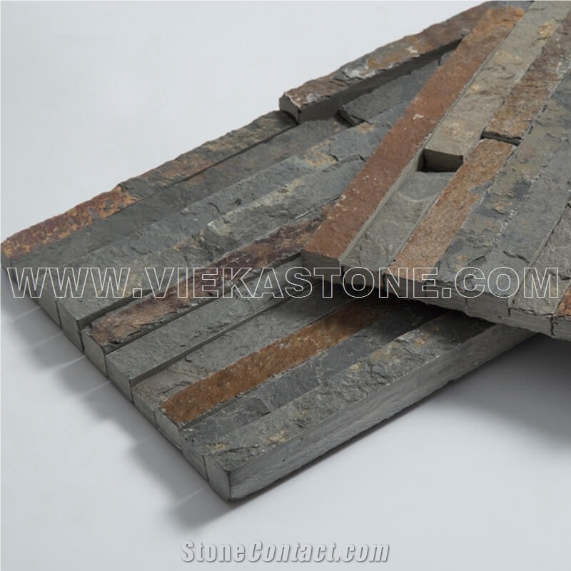China Manufacturer Rusty Slate Thin Strips Ledgestone Natural Culture Stone Stacked Ledger Tile Wall Cladding Panel 60x15cm Split Face Mosaic Rock