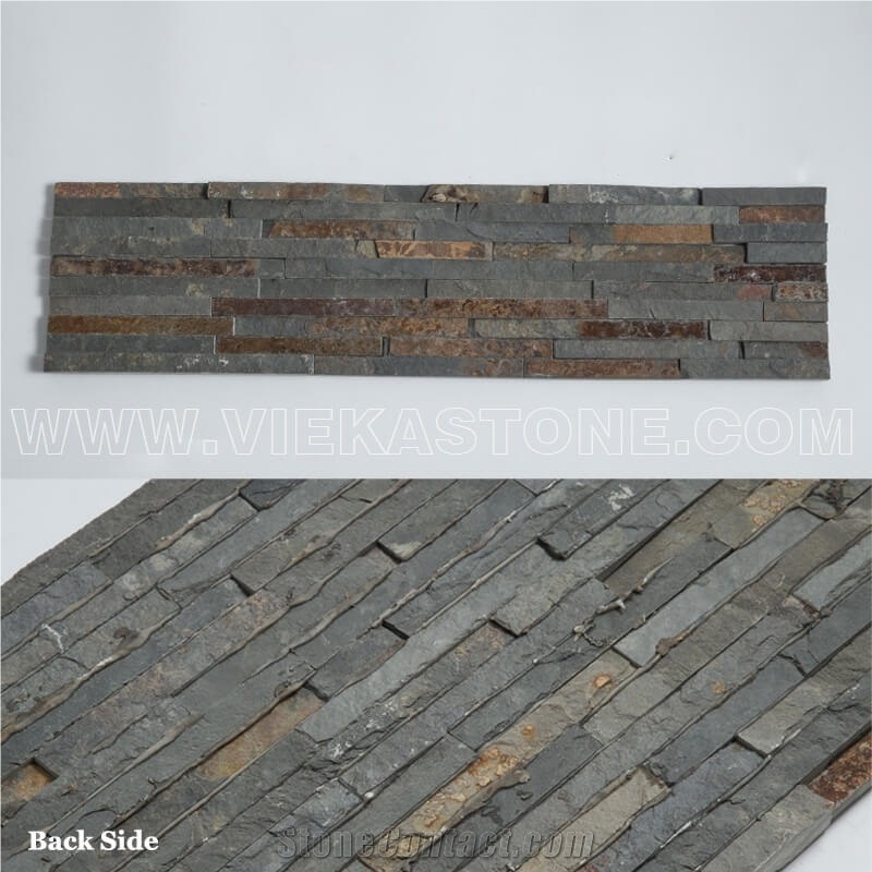 China Manufacturer Rusty Slate Thin Strips Ledgestone Natural Culture Stone Stacked Ledger Tile Wall Cladding Panel 60x15cm Split Face Mosaic Rock