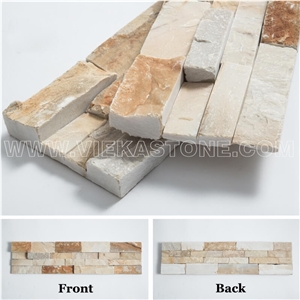 China Manufacturer Yellow Quartzite Ledgestone Natural Culture Stone Stacked Ledger Tile Wall Cladding Panel 60x15cm Split Face Mosaic Rock