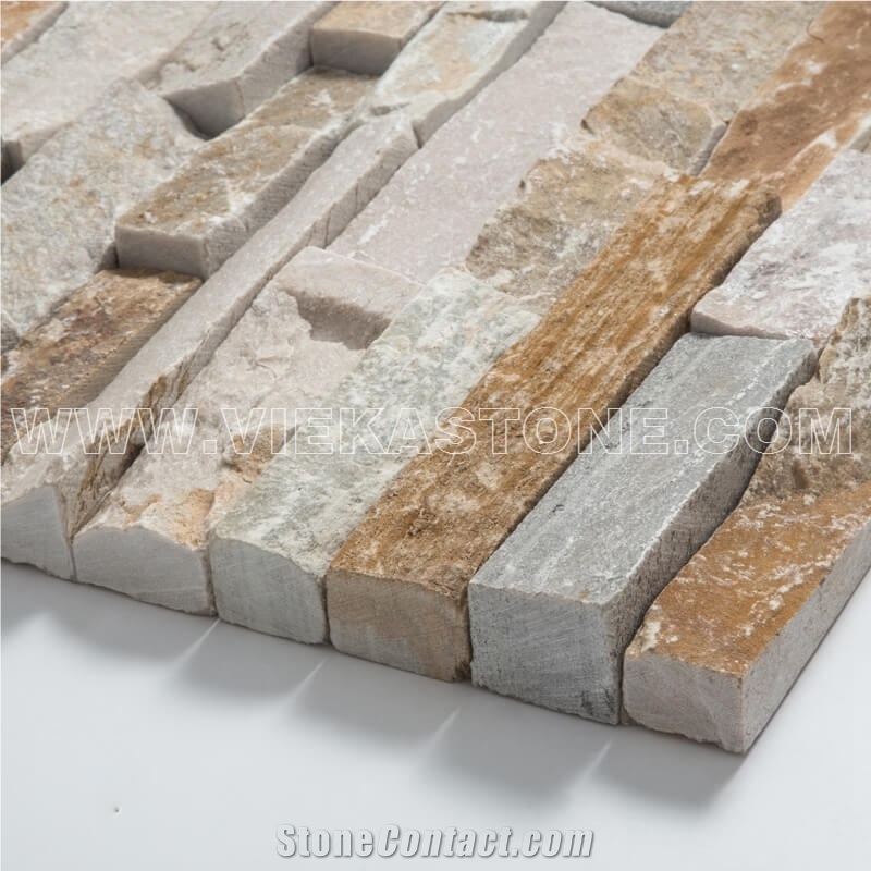 China Manufacturer Yellow Quartzite Ledgestone Natural Culture Stone Stacked Ledger Tile Wall Cladding Panel 60x15cm Split Face Mosaic Rock
