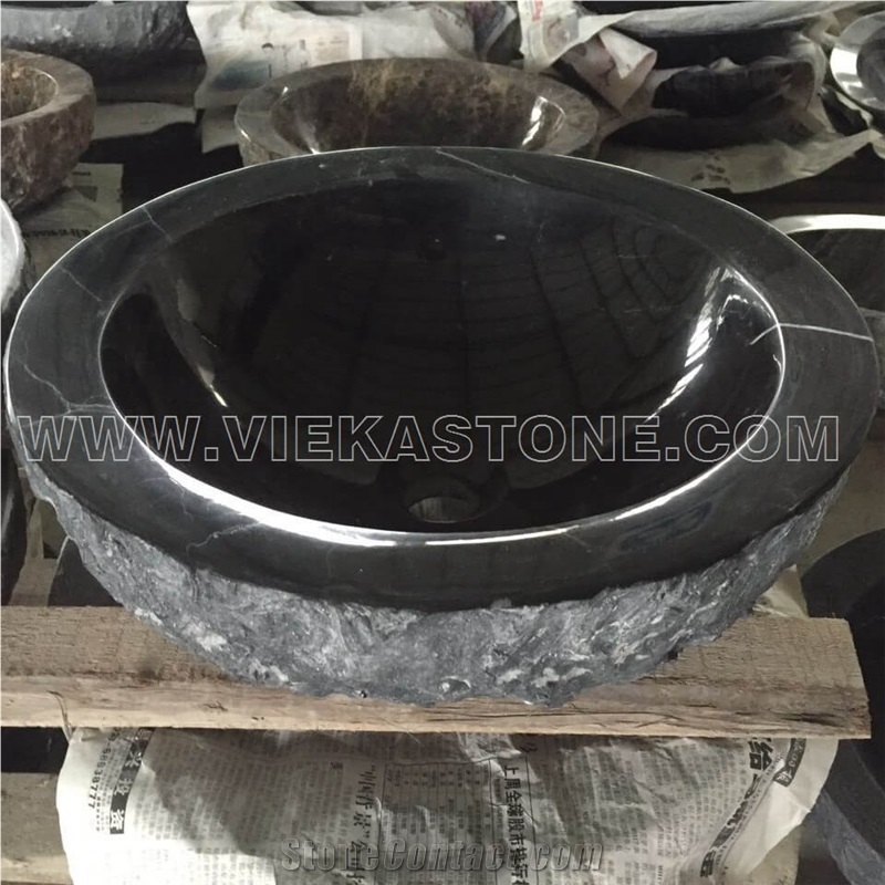 China Nero Marquina Marble Black and White Round Washbasin Wash Bowls Sink & Basins for Kitchen and Bathroom from Manufacturer Vieka Stone
