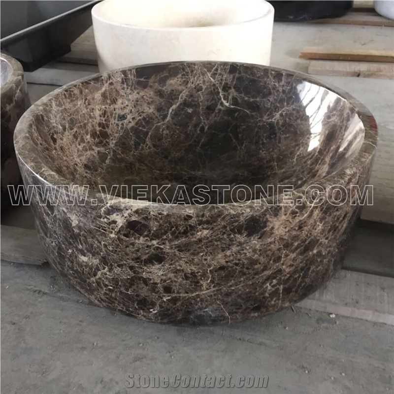 Dark Emperador Marble Round Polished Washbasin Wash Bowls Sink & Basins for Kitchen and Bathroom from Manufacturer Vieka Stone