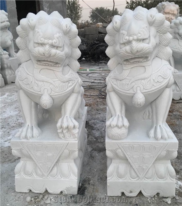 White Marble Lion Statue , Standing Lion Statue , Life Size Chinese Animal Statue