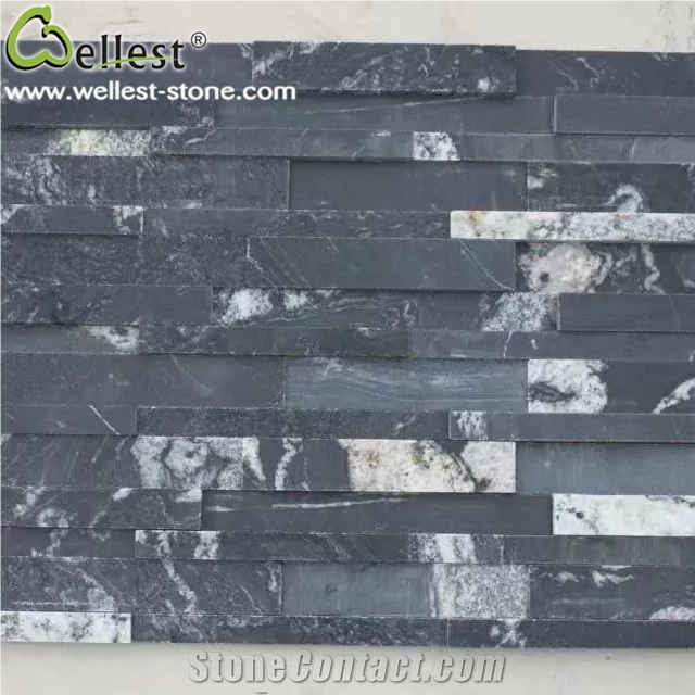 Natural Snow Black Granite Ledge Culture Stacked Stone Pannel for Garden Feature Wall Vaneer Cladding Decor and Pool Waterfall