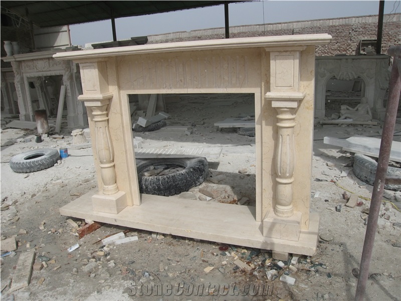 Beige Marble Fireplace Mantel with Column Design