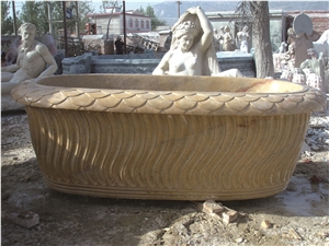 Beige Yellow Limestone Bathtub with Hand Carving