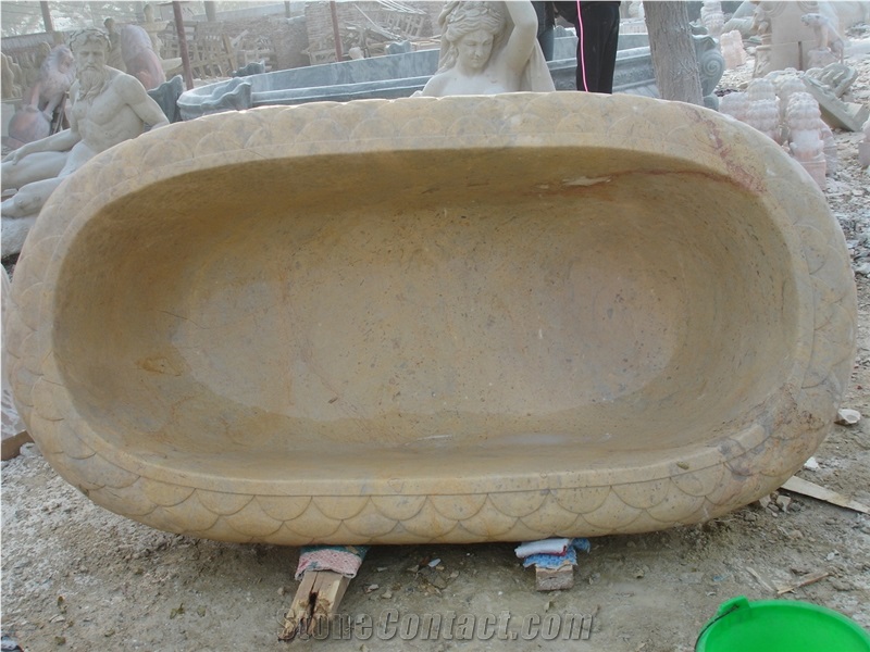 Beige Yellow Limestone Bathtub with Hand Carving