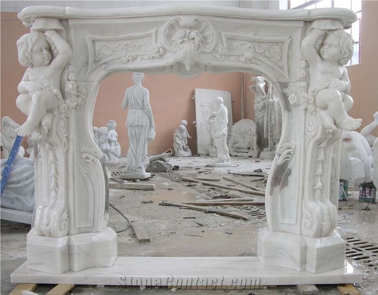 Natural White Marble Fireplace Surround with Hand Carved Sculpture