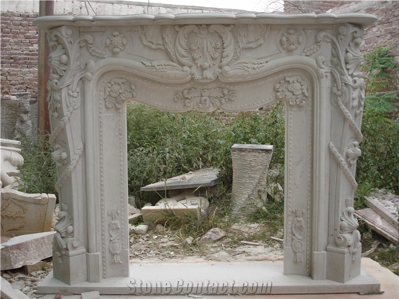 White Marble Fireplace Mantel Surround with Sculpture