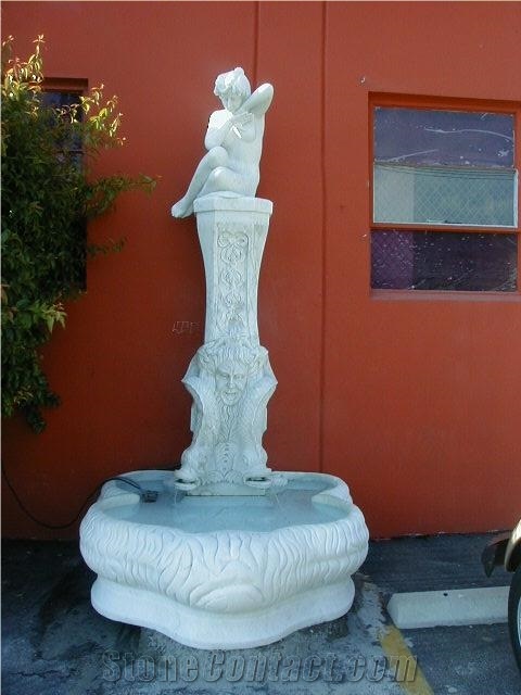 White Marble Fountain with Hand Carved Statue Figure Sculpture