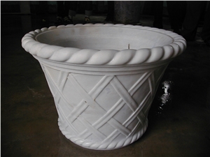 White Marble Planter Pot with Hand Carving Sculpture