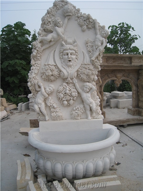White Marble Wall Fountain with Hand Carved Sculpture