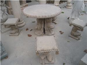 Yellow Marble Table and Stool with Hand Carved Sculpture