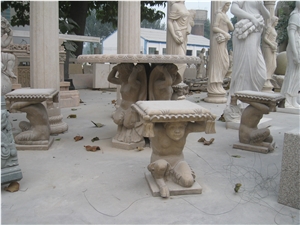 Yellow Marble Table and Stool with Hand Carved Sculpture