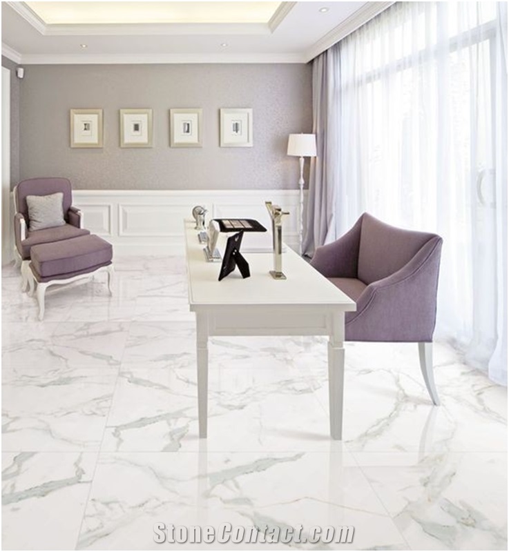 Top Calacatta Composite Laminated Marble with Porcelain Blacked Flooring Tiles