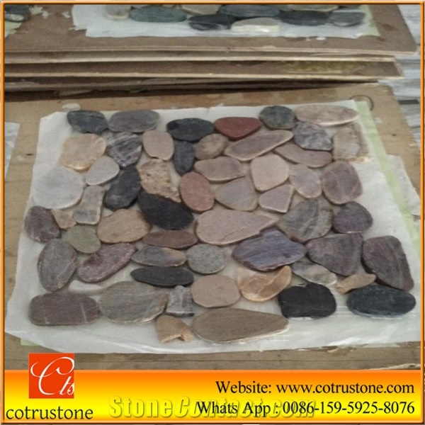 Mixed Color Pebbles Tumbled Flat Finish Mesh Mosaic Tile,White Marble Tumbled Pebble Mosaic