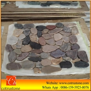 Mixed Color Pebbles Tumbled Flat Finish Mesh Mosaic Tile,White Marble Tumbled Pebble Mosaic