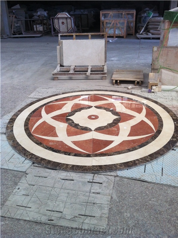 Rosso Alicante Marble Floor Waterjet Medallions, Dark Emperador Marble, Crema Marfil Marble Round Pattern Design, Decorated Hotel Lobby and Hall Tiles