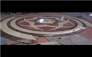Rosso Alicante Marble Floor Waterjet Medallions, Dark Emperador Marble, Crema Marfil Marble Round Pattern Design, Decorated Hotel Lobby and Hall Tiles
