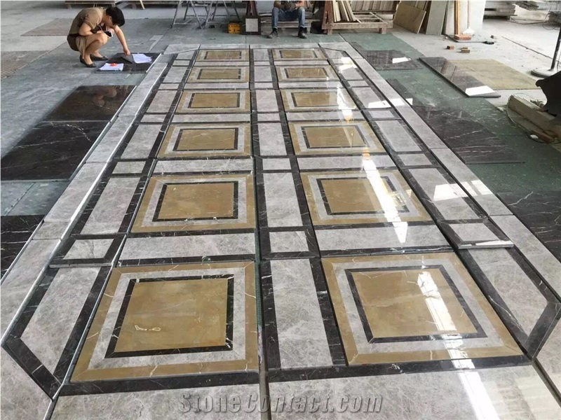 Tundra Grey Marble Waterjet Tiles Medallions, Spain Gold Marble,Amarillo Gold Marble,Burley Yellow Marble Flooring Tiles Patterns, Marron Marble