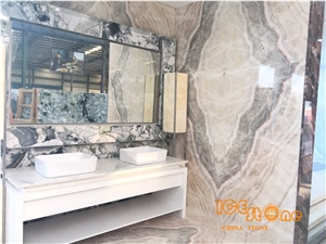 China Beige Onyx Slabs, Tiles Blocks Chinese Stone for Wall Floor Covering, Wash Basin, Countertop, Bookmatch Wooden Pattern