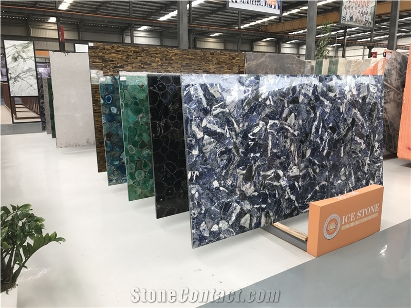 China Blue Agate Semi Precious Panels Gemstone Polished Slab&Tiles for Wall&Table Project Interior Decoration Chinese Manufactory Warehouse Factory
